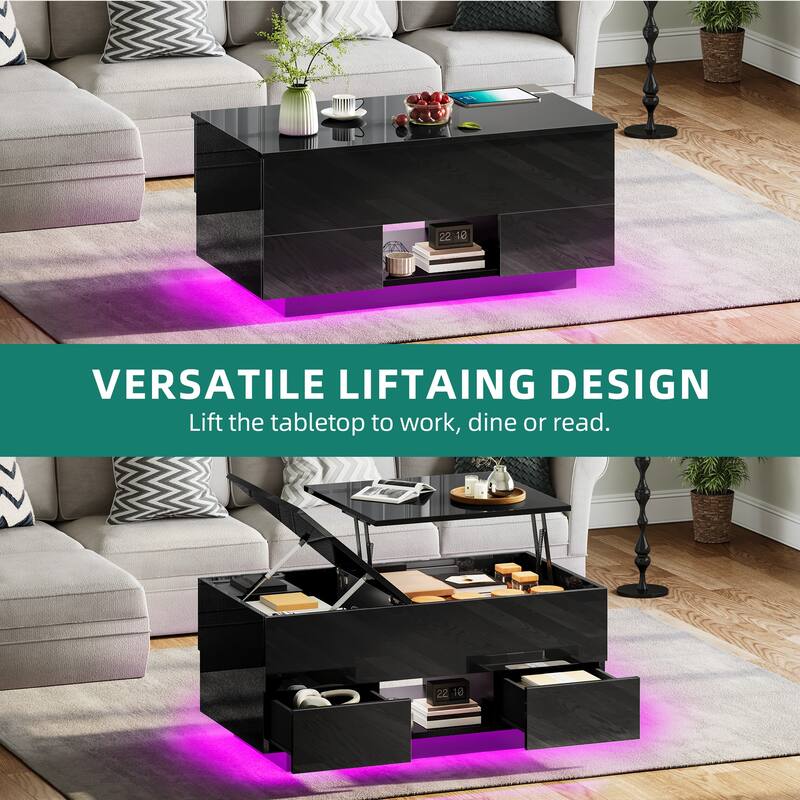 Moasis Modern Lift-top Coffee Table Glossy Cocktail Table with Charging Station and Drawers