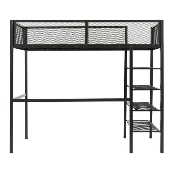 slide 2 of 11, Black Modern Twin Loft Bed with Shelves & Workstation - Multi-Functional Black - Twin
