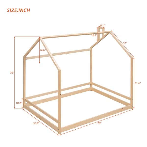 dimension image slide 0 of 4, Semi-Enclosed House Bed for Kids, Full Size Floor Bed with Roof, Playhouse Design, Solid Pine Wood Frame, No Slats