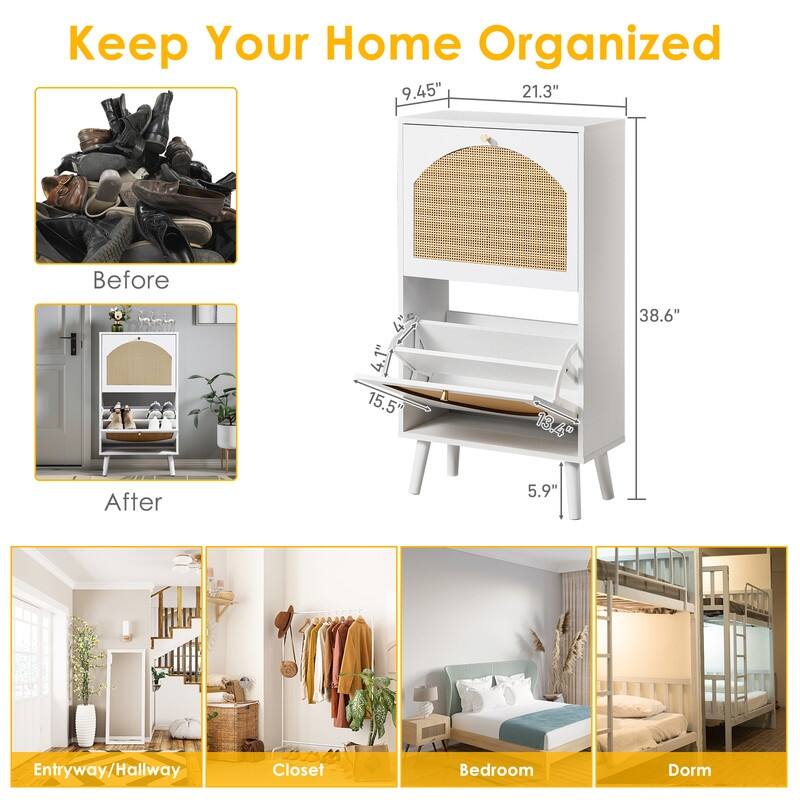 Rattan Shoe Cabinet with 2 / 4 Flip Drawers, Narrow Shoe Storage Cabinet,Organizer for Entryway, Bedroom, Living Room