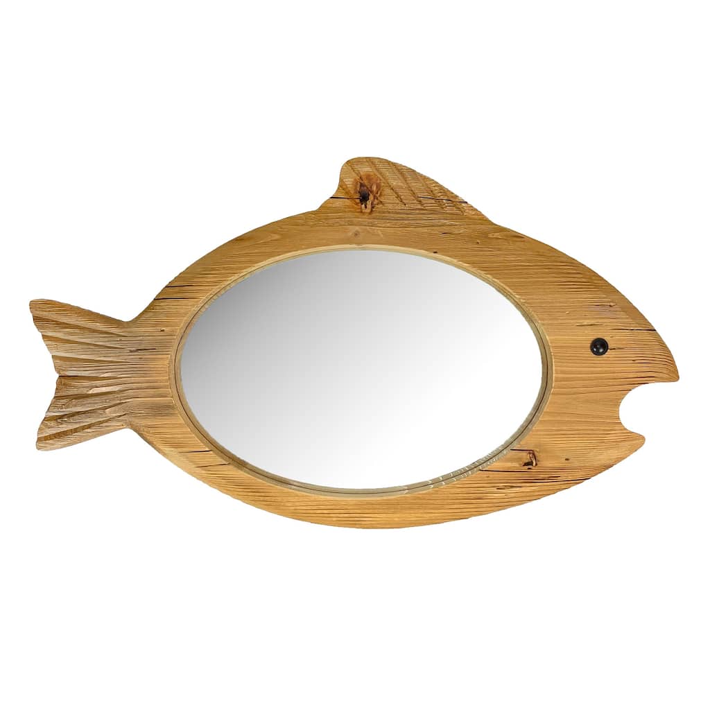 Rustic Wood Fish Shaped Wall Mirror Coastal Beach Nautical Bathroom - 13.75 X 23.75 X 1.25 inches