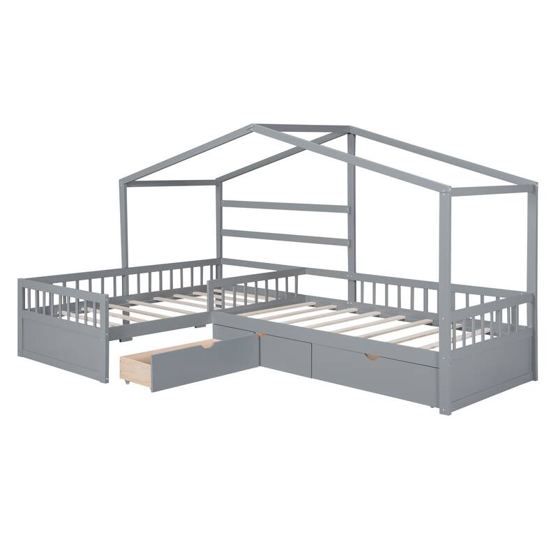 L-Shape Double Twin Size Pine Wood House Platform Bed with 3 Storage Drawers