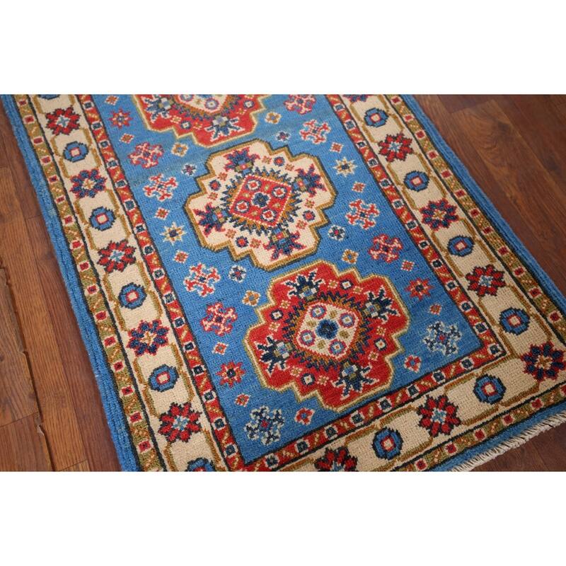 Blue Geometric Kazak Foyer Rug Hand-Knotted Wool Carpet - 2'0" x 2'11"