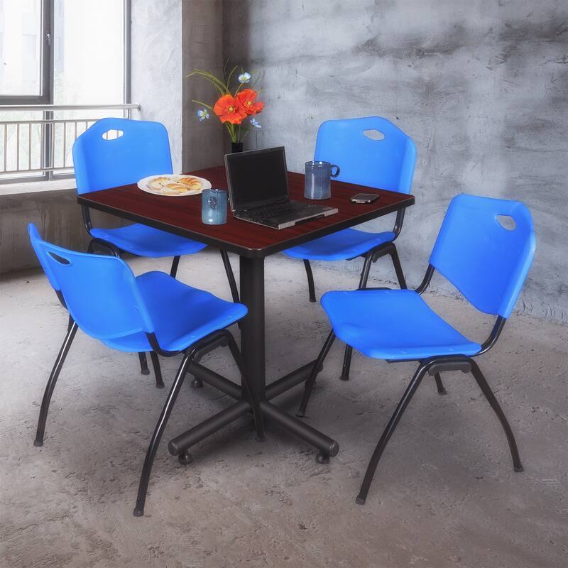 30" Square Breakroom Table- Mahogany & 4 'M' Stack Chairs- Blue - 30