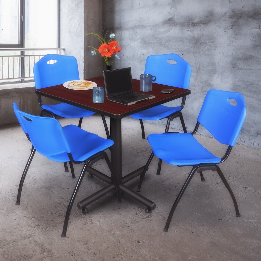 30" Square Breakroom Table- Mahogany & 4 'M' Stack Chairs- Blue - 30