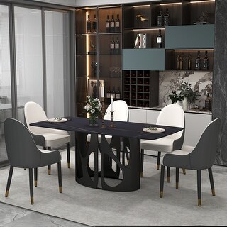 Cuve Edge Rectangle Dining Table Kitchen Table, Slate Table Top With Blakc Metal Pedestal