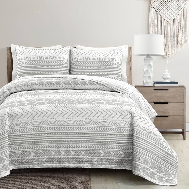 Lush Decor Hygge Geometric Pattern 3-piece Quilt Set - Gray & White - Full - Queen