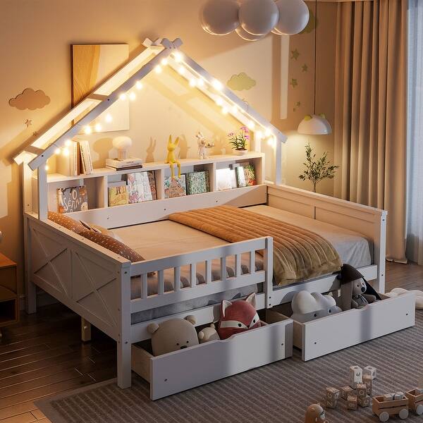 slide 2 of 12, Full Size Wood House Platform Beds with LED, Storage Shelves, Drawers and Guardrail White