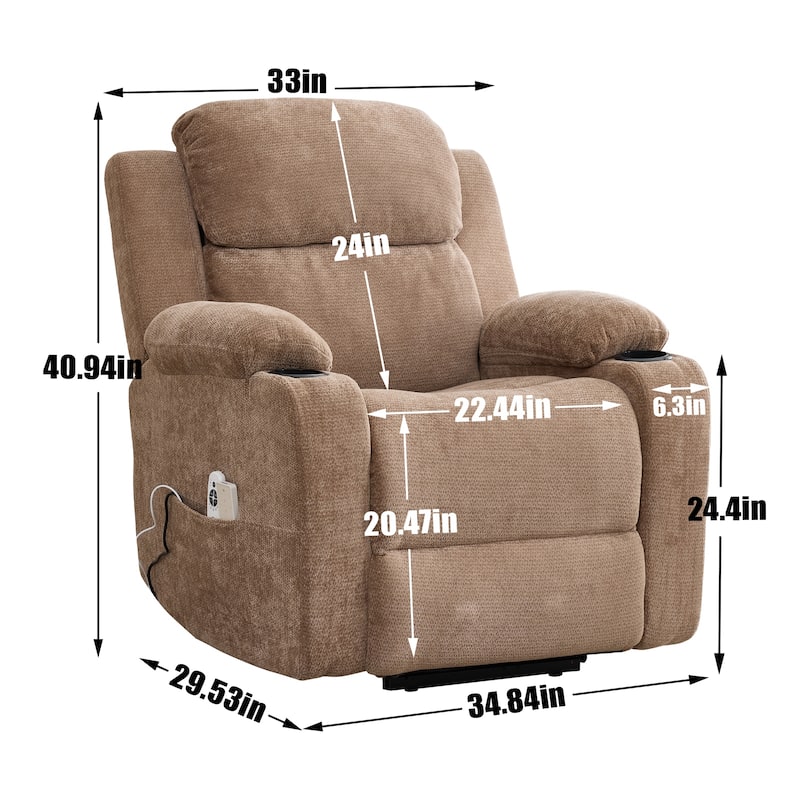 Chenille Power Lift Recliner Chair, Heavy Duty Recliner Chair with Heat & Massage, Lounge Chair with USB Ports & Cup Holders