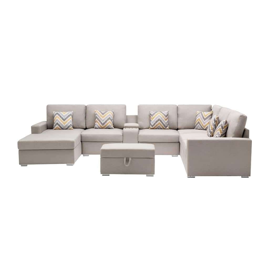 Linen Fabric 8 Piece Reversible Chaise Sectional Sofa with Storage Ottoman, and Storage Console Table