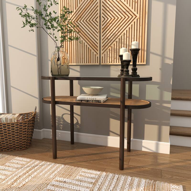 Rattan Oval 1 Shelf Console Table with Pressed Tempered Glass Top and Metal Legs - Brown - Roche River Decor