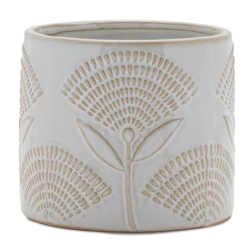 Etched Floral Porcelain Planters - 5.5" - White and Beige - Set of 2