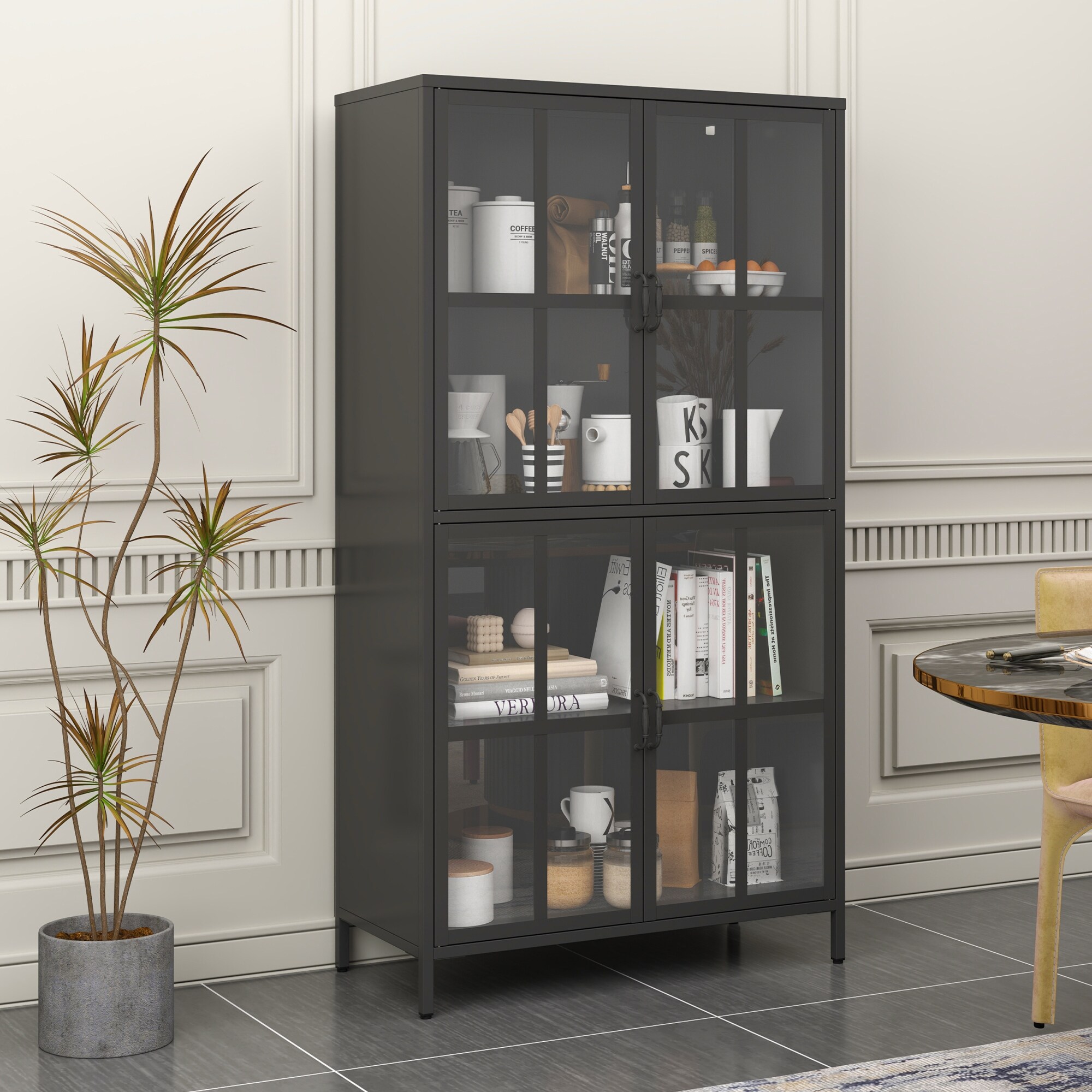 Black Metal Storage Cabinet with Glass Doors Anti Tip Adjustable Feet White