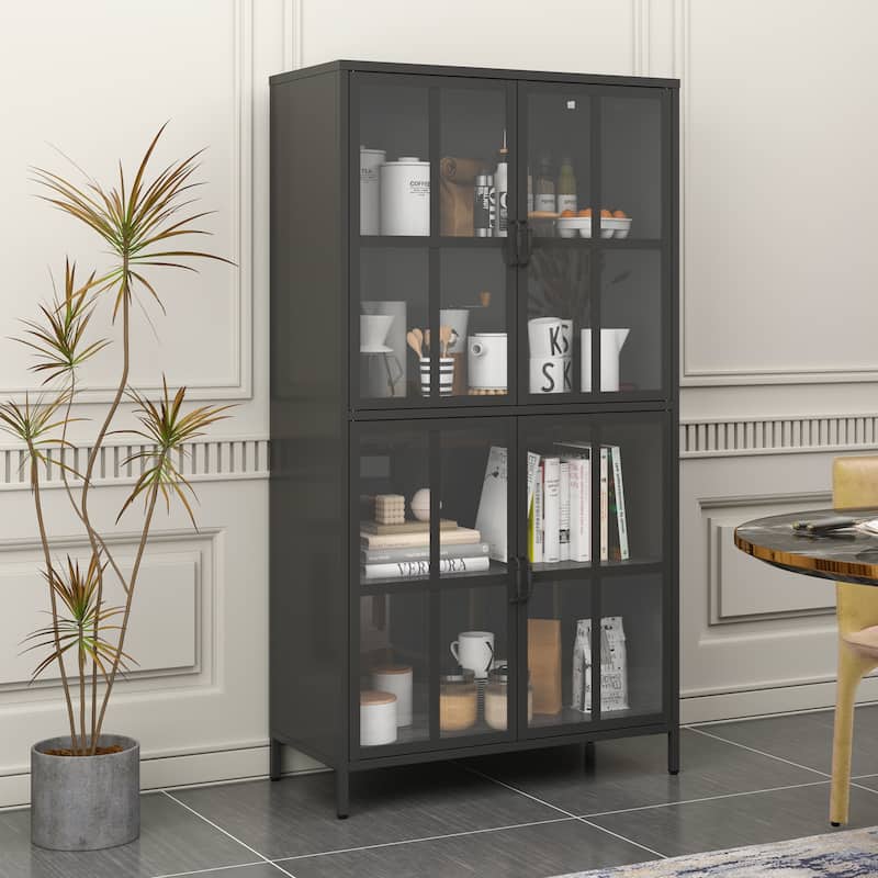 Premium Black Metal Storage Cabinet with Tempered Glass Doors, Adjustable Shelves, Anti-Tipping Device, Magnetic Silent