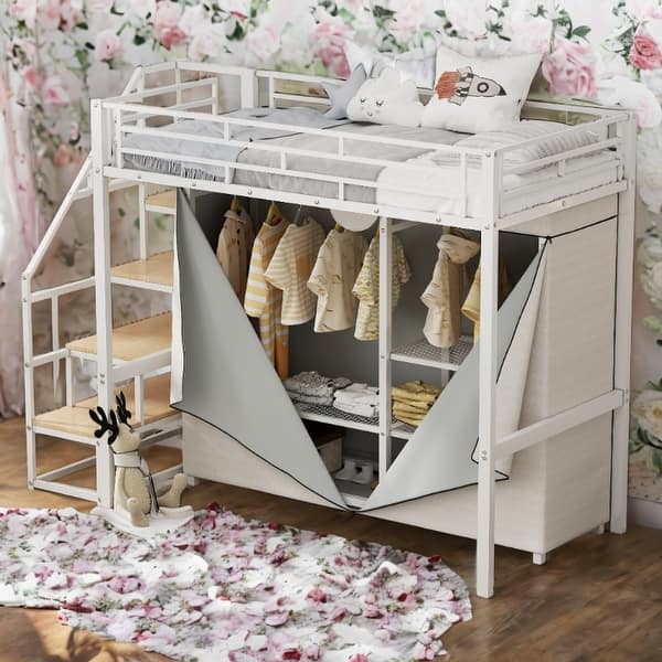 slide 2 of 19, Twin Size Metal Loft Bed with Wardrobe and Storage Shelves