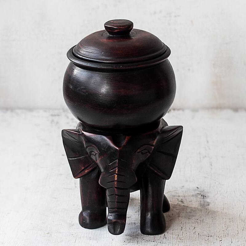 Novica Handmade Elephants Cargo Wood Decorative Jar