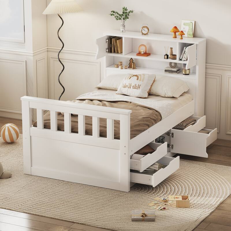 White Twin Size Captain Platform Bed with Four Drawers, Storage Bookcases and Shelves - White