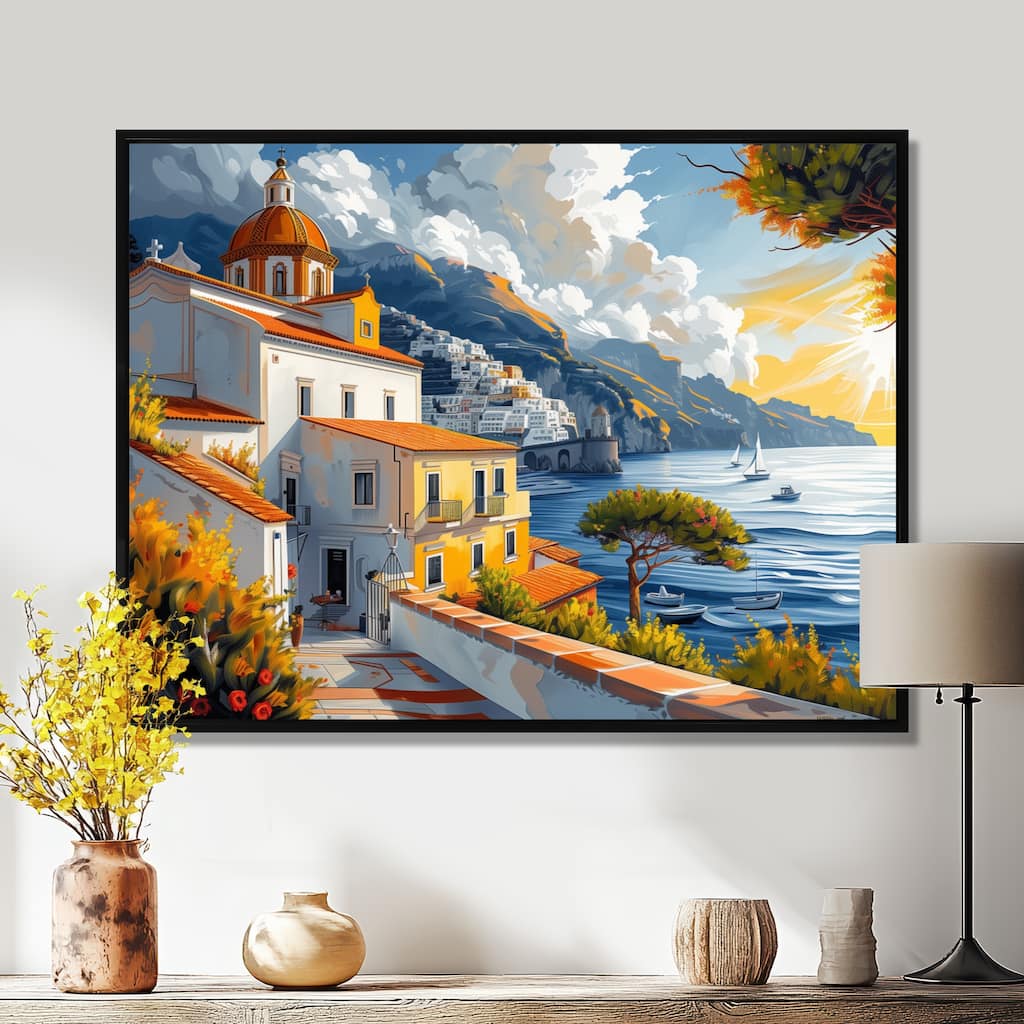 Designart "Vintage Amalfi Coast Landscape II" Italy Framed Wall Art - Traditional Wall Decor Art Yellow Wall Art Print
