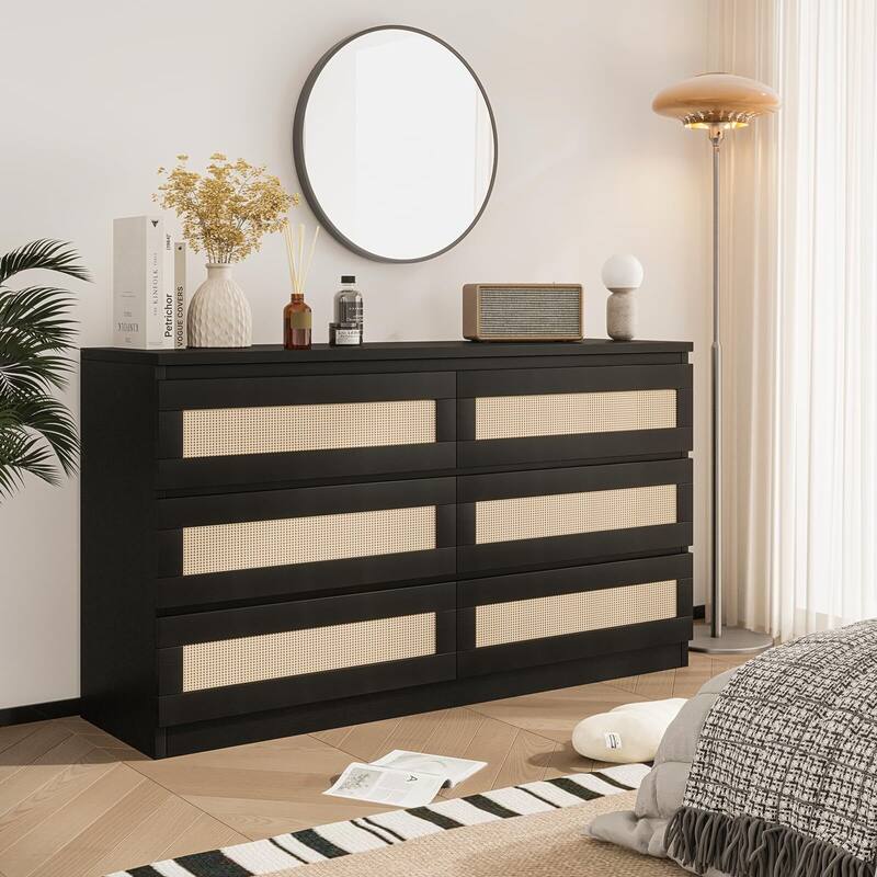 Rattan Dresser for Bedroom, Modern 6 Drawer Double Dresser with Anti-Tip Kit
