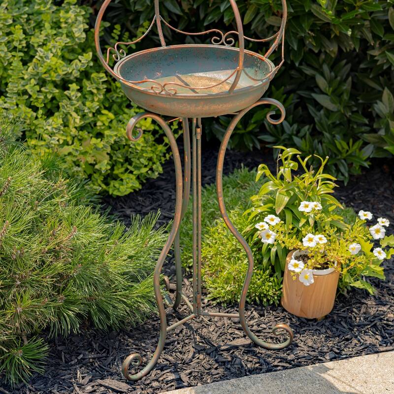 45 Inch Tall Standing Bronze Iron Birdbath with Ceramic Sailor Ball - 14.57x14.57x44.88