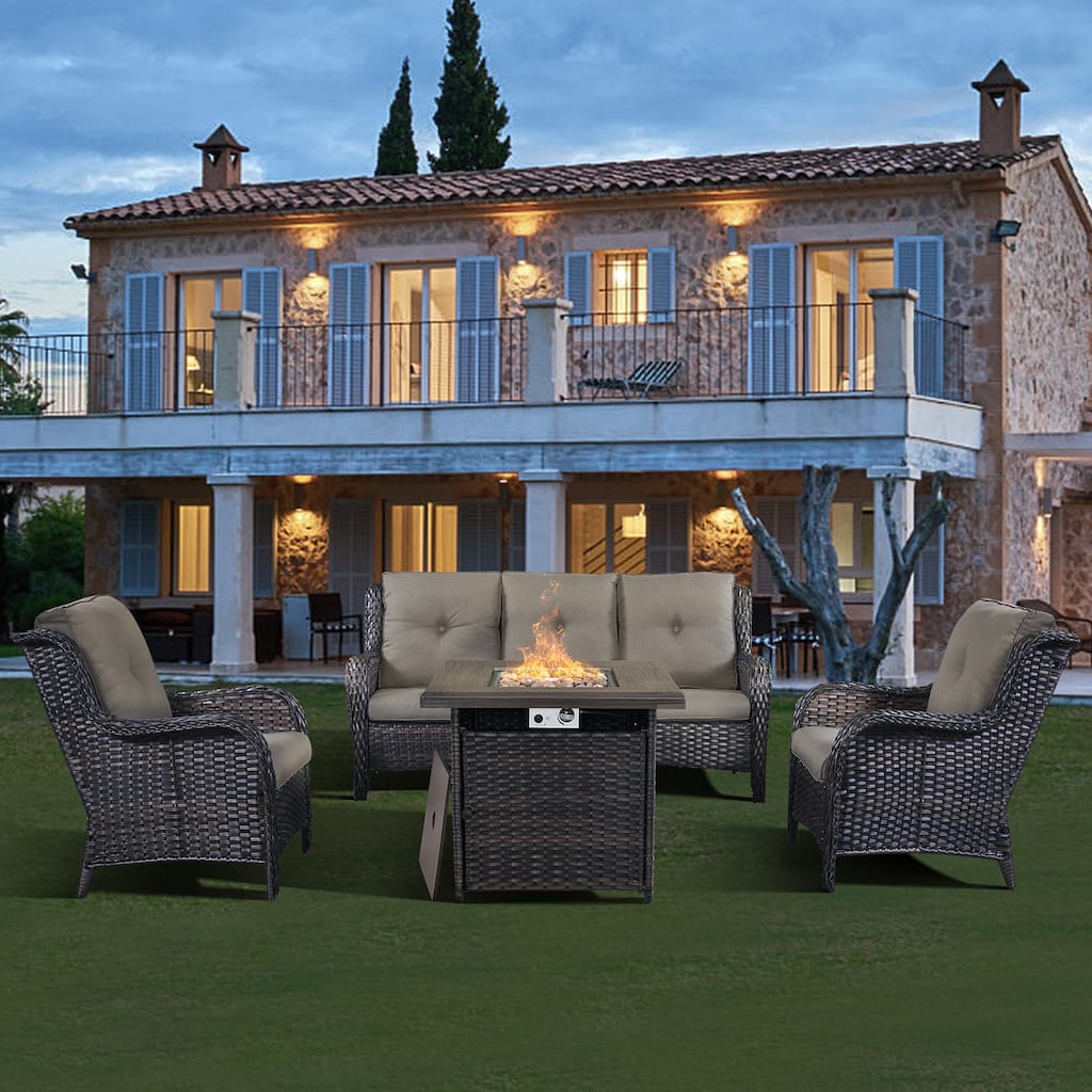 Gymojoy Patio Outdoor Wicker Sofa Set with Fire Pit Table