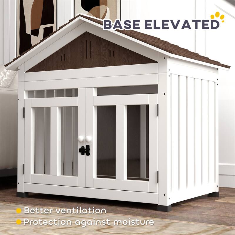 Dark Brown and White Wooden Dog Crate with Acrylic Front Door Removable Floor Elevated Design