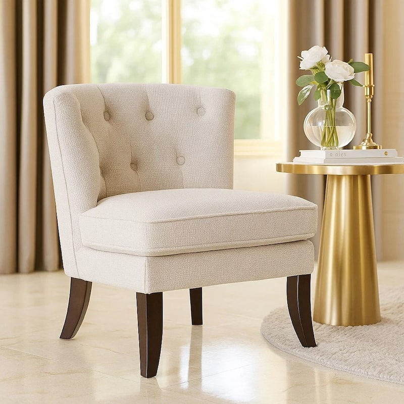 Rose Accent Chair, Button Tufted Wingback, Beige Polyester, Brown Legs