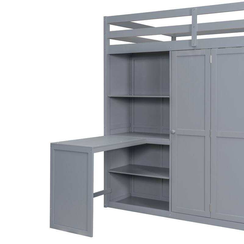 Full Size Loft Bed with Built-in Wardrobe, Desk and Shelves in Modern Gray