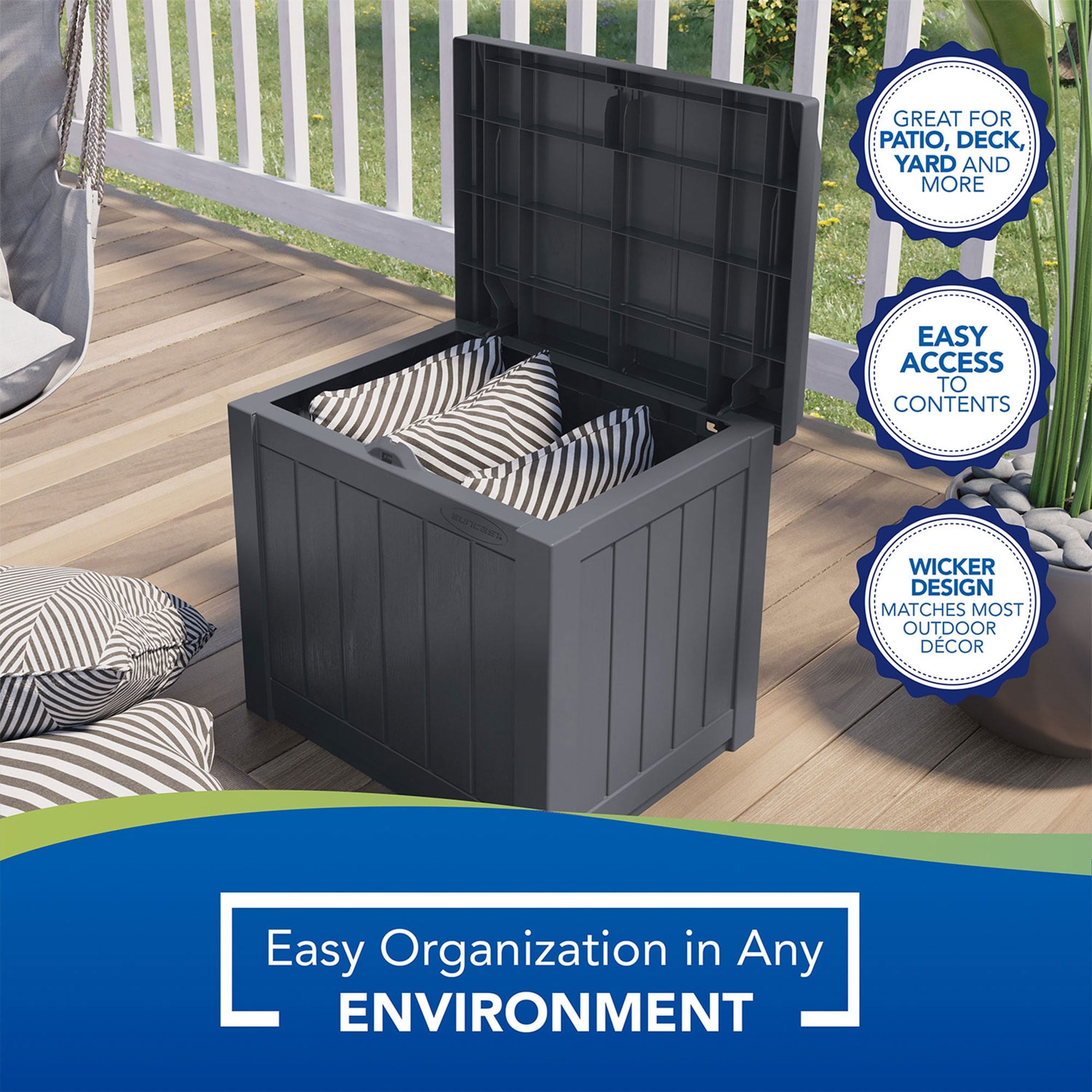 Suncast 22 gallon wicker storage seat store