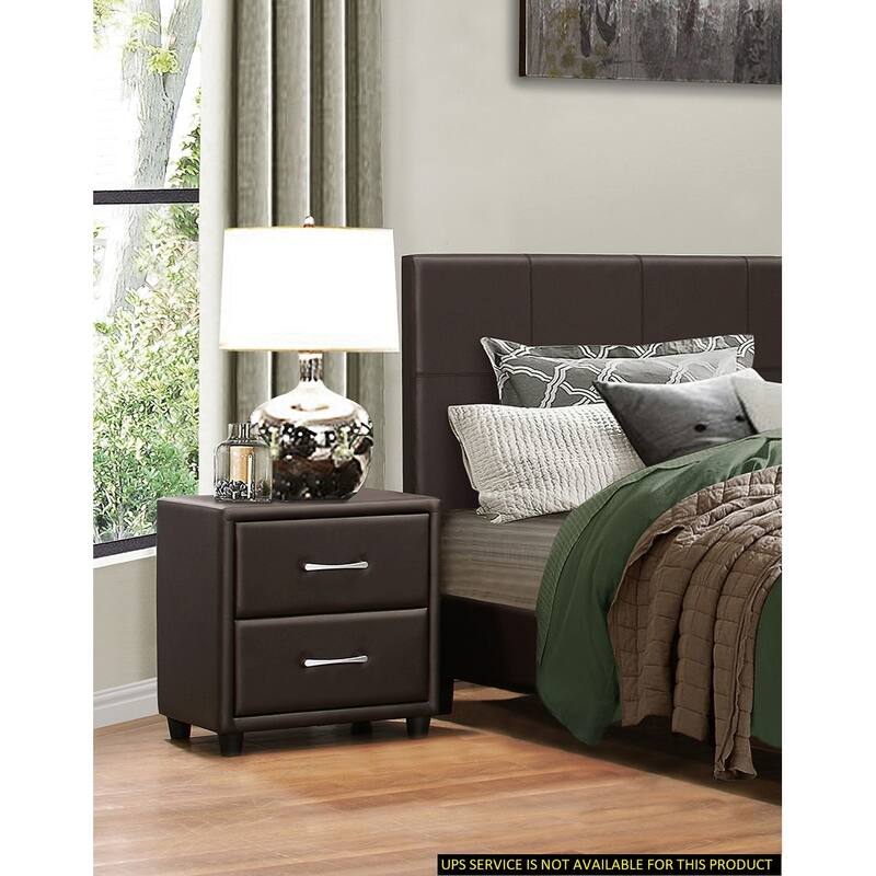Contemporary 2-Drawer Nightstand with Silver Tone Bar Pulls and Faux Leather Upholstery