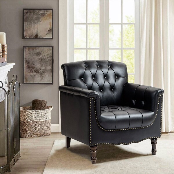 PU Leather Tufted Accent Chair with Nailhead Trim Armchair - On
