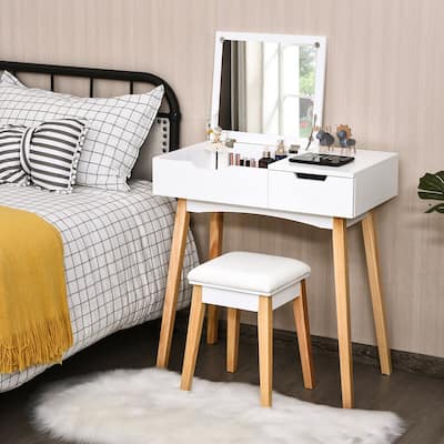 Gymax Vanity Makeup Table Cushioned Stool Set W/Flip Top Mirror &1