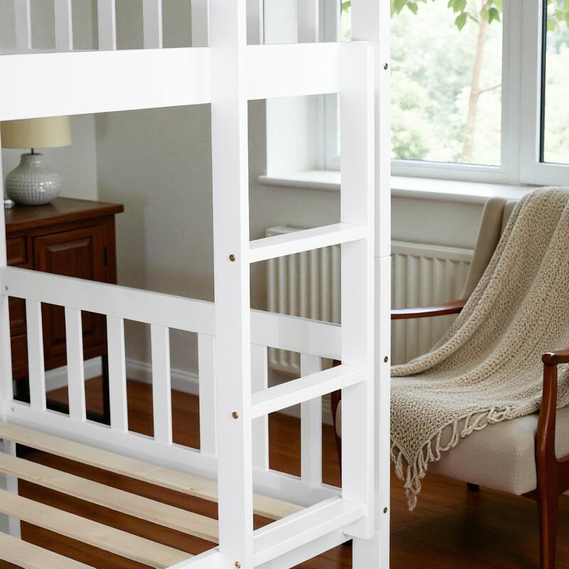 Twin Over Twin Rubber Wood Bunk Bed with Trundle, Convertible into Twin Beds, Ladder and Safety Guardrails