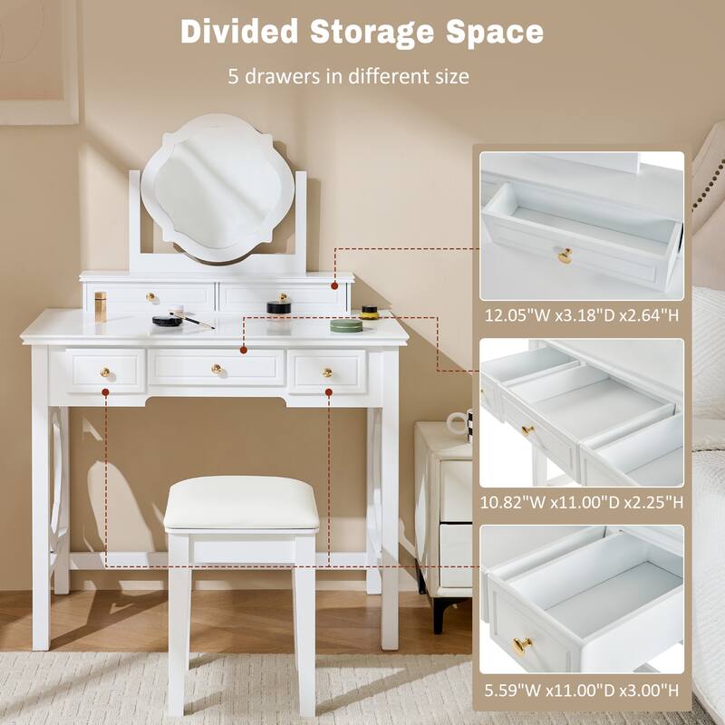 2-Piece Makeup Vanity Desk Set with PU Upholstered Stool, 5 Drawers Vanity Table Dressing Table with Swivel Vanity Mirror, White
