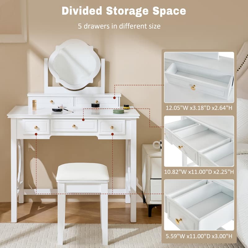 Vanity Desk with Reversible Mirror & Stool, Small Dressing Table Set, Compact Makeup Vanity Table with 5 Drawers