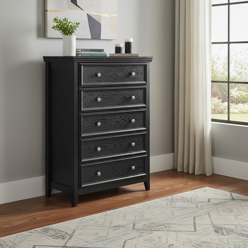 HomeRoots 32" Black Wood Five Drawer Dresser