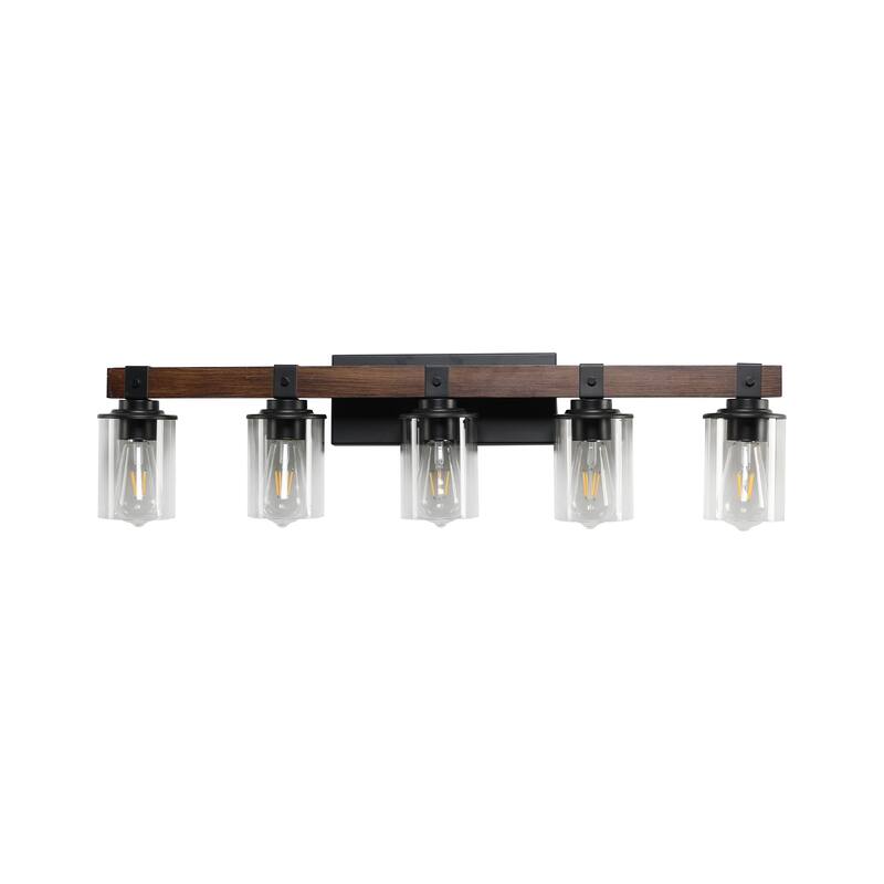 35" Rustic 5-Light Vanity Light, Industrial Bathroom Wall Sconce with Glass Shades and Wood Accent (No Bulbs) - Walnut