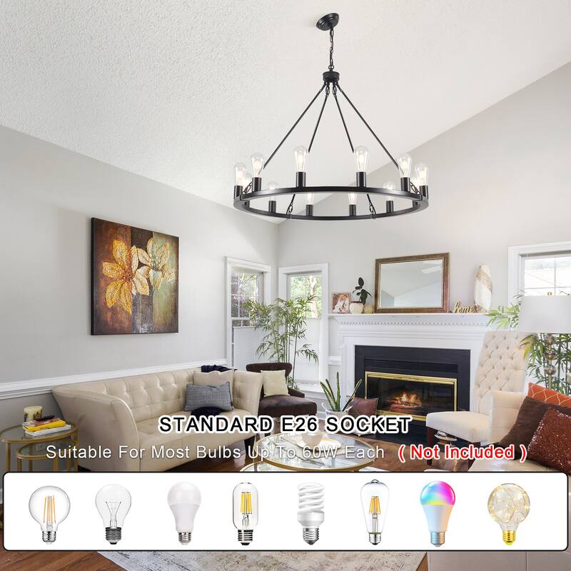 35.43-inch Round Wagon Wheel Chandelier, 12-light Adjustable Chandelier for Living Room Kitchen Island Dining Foyer