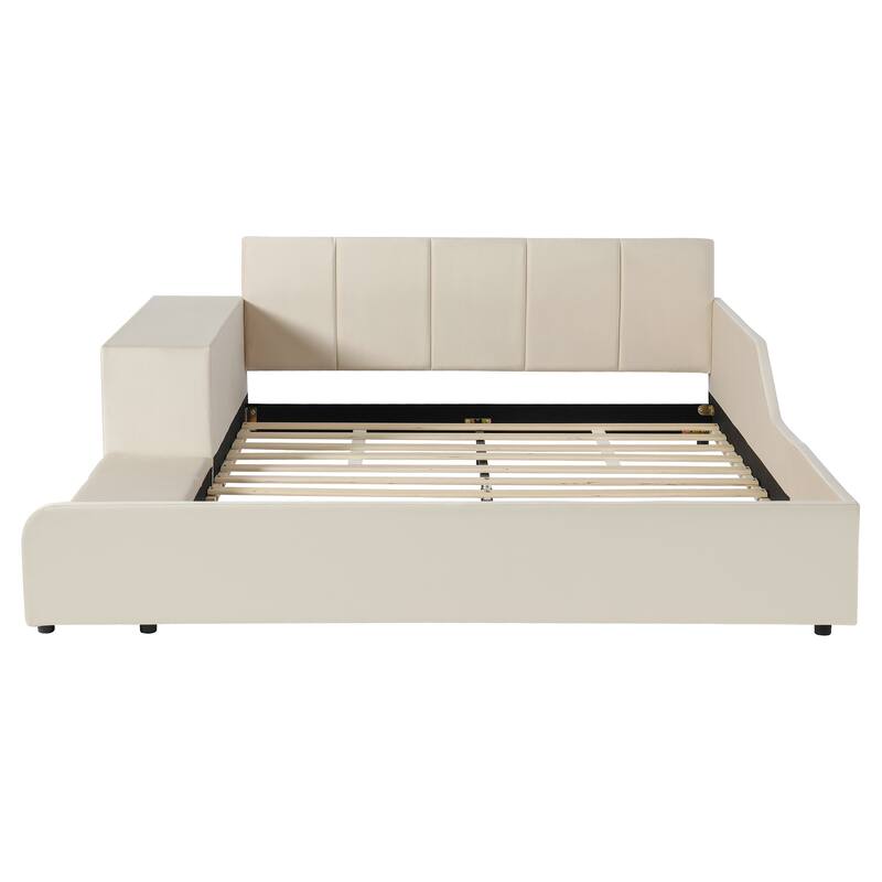 Roomfitters Full/Queen Size Upholstered Grounded Platform Bed with Bedside Desk and Round Stool, Velvet Fabric Bed Frame