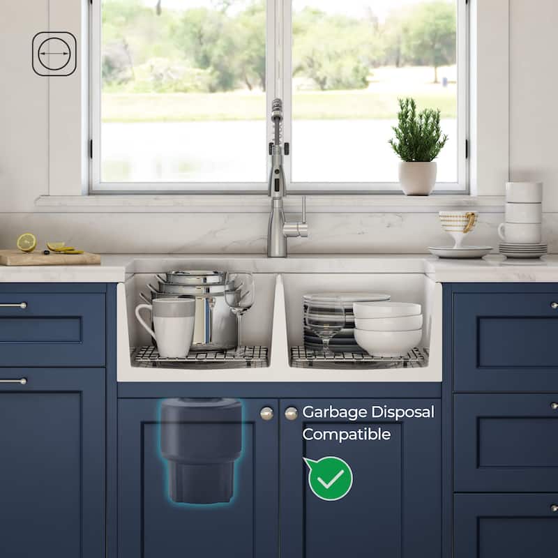 White Fireclay Farmhouse Undermount Kitchen Sink with Bottom Grid and Strainer