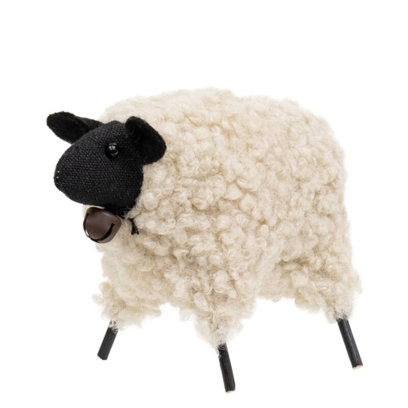 Primitive Jingle Bell Sheep Plush Figure Winter Table Decoration - 6" x 2" x 3.50" - White-Black