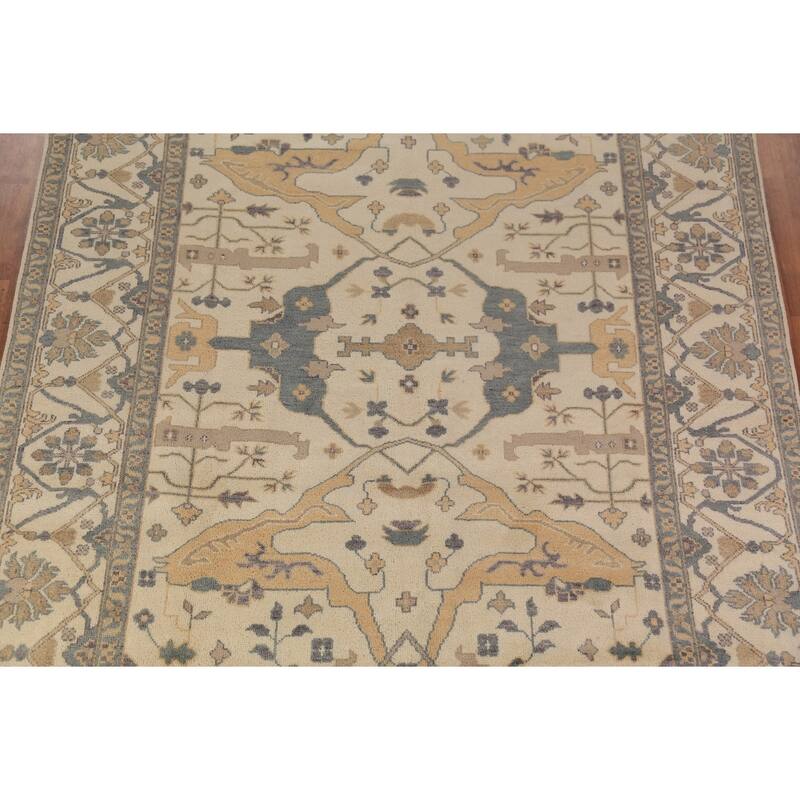 All-Over Ivory Oushak Area Rug Hand-Knotted Wool Carpet - 9'0"x 11'10"