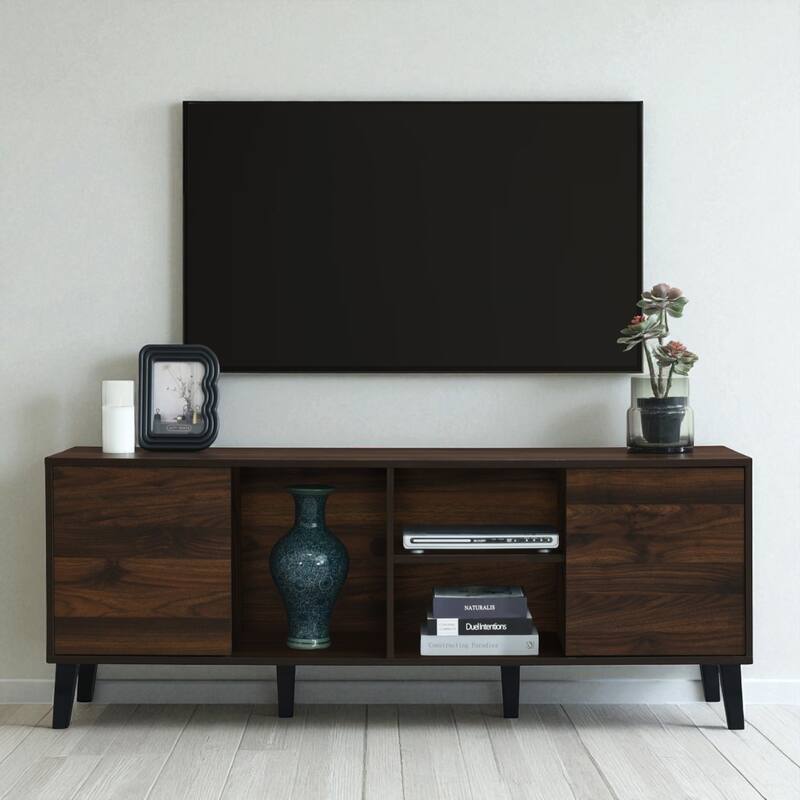 63" Mid Century Modern TV Stand for 70 Inch TVs, Media Console with Cabinets and Open Shelves, Dark Brown TV Console - Dark Brown