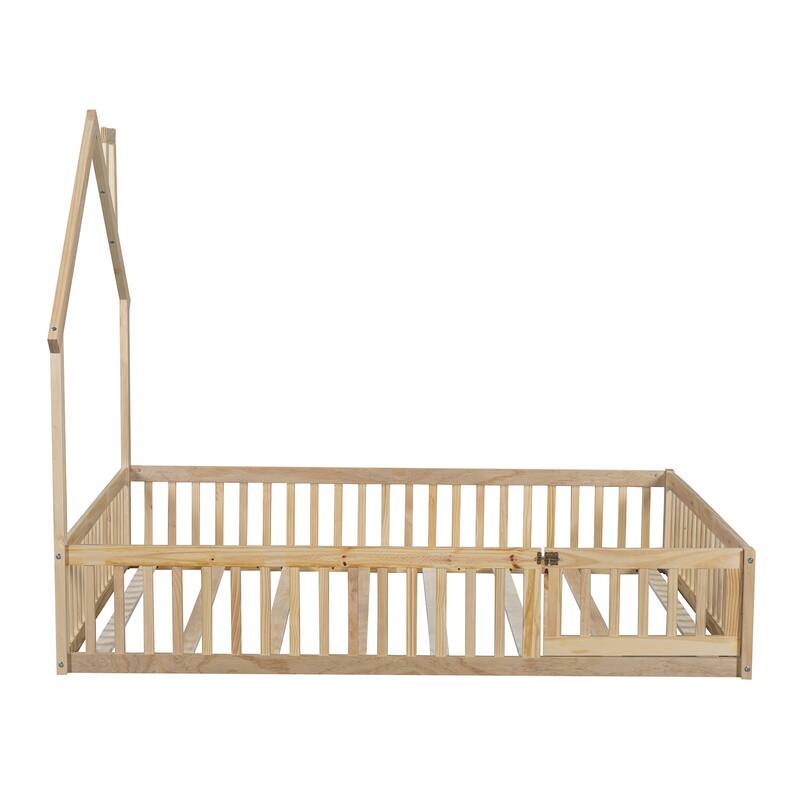Wood Full Size House Platform Bed with Guardrail, Fence and Chimney Design, Durable Pine Frame, and Easy Assembly