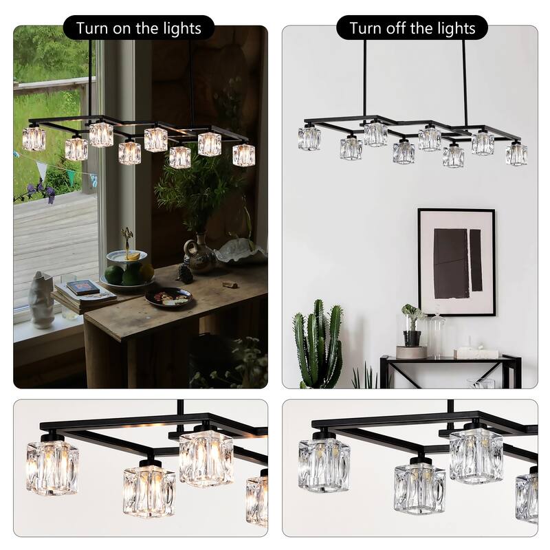 Modern Industrial Style 8-Light Pendant Light, Matte Black Crystal Chandelier, for Dining Room Kitchen and Living Room