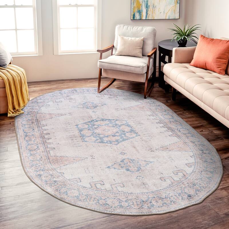 World Rug Gallery Vintage Bohemian Machine Washable Non Slip Area Rug - 5' X 7' OVAL - Beige - Oval