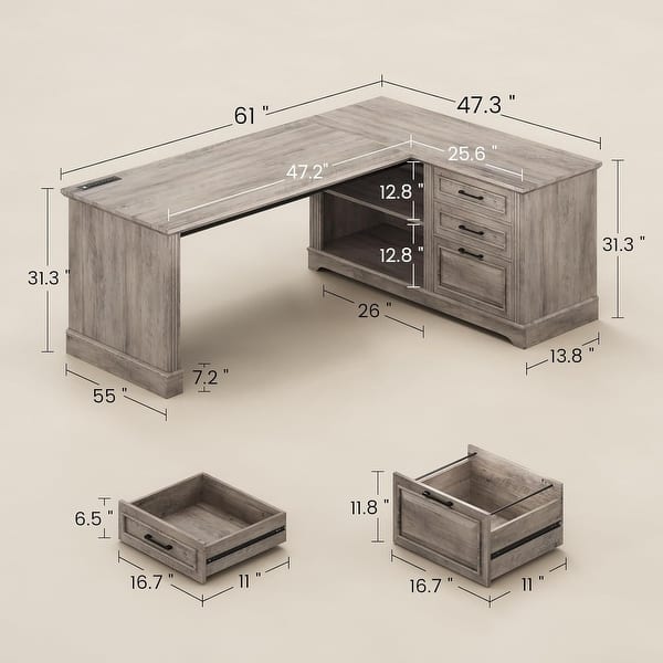 dimension image slide 26 of 30, Farmhouse Executive L Shaped Desk Home Office Desk with Drawers and Storage Cabinet & Power Outlet