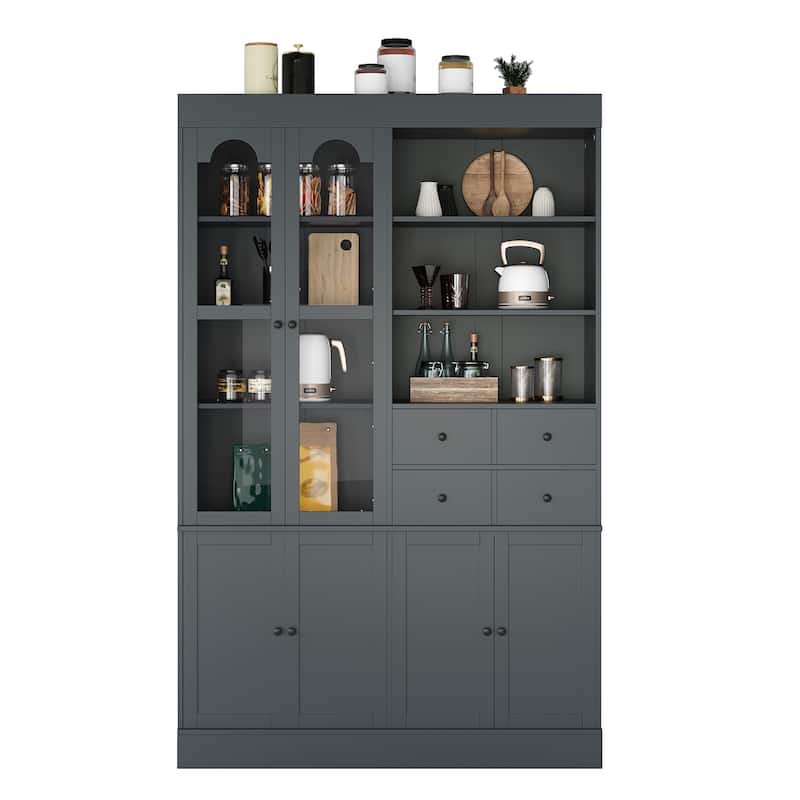 47.2x15.7x75inch Freestanding Buffet with Hutch, Tall Kitchen Pantry Cabinet with 4 Drawers, Door Shelves and Pull-out Trays