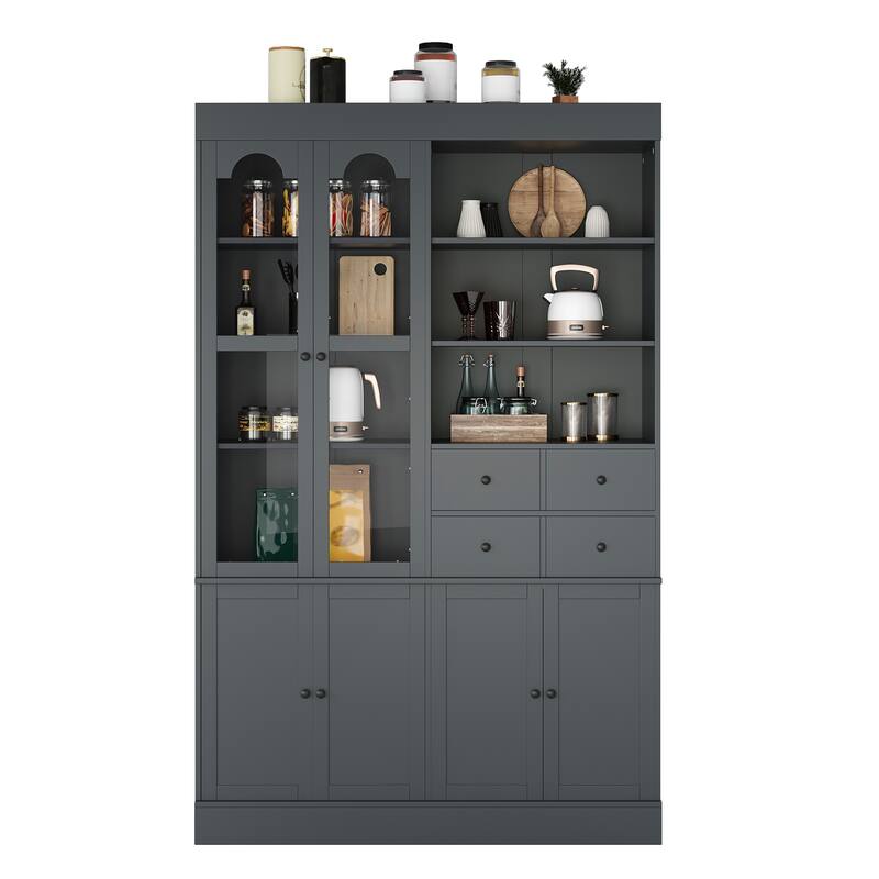 Tall Kitchen Pantry Cabinet, 75" Freestanding Buffet with Hutch, 4 Drawers, Door Shelves & Pull-Out Trays, Dining Room Storage