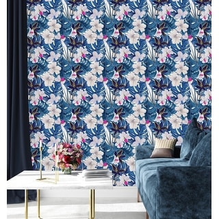 Blue Monstera Leaves Wallpaper Peel and Stick and Prepasted - Bed Bath ...